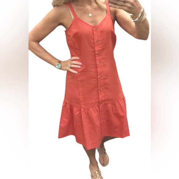 LOFT women’s bright Orange Spaghetti strap Sundress with Flounce sz M preloved - Picture 2 of 7